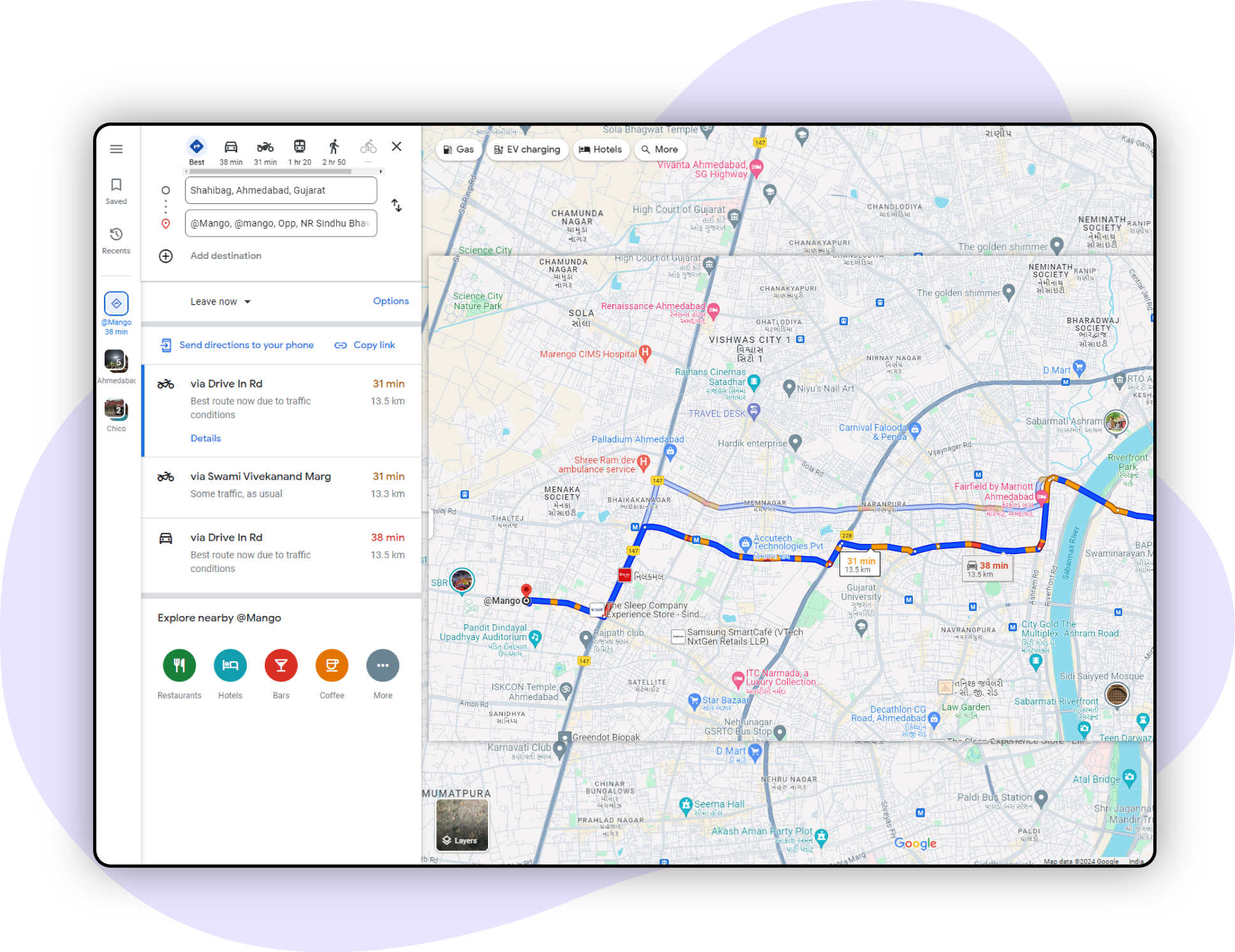 Map route view with nearby businesses
