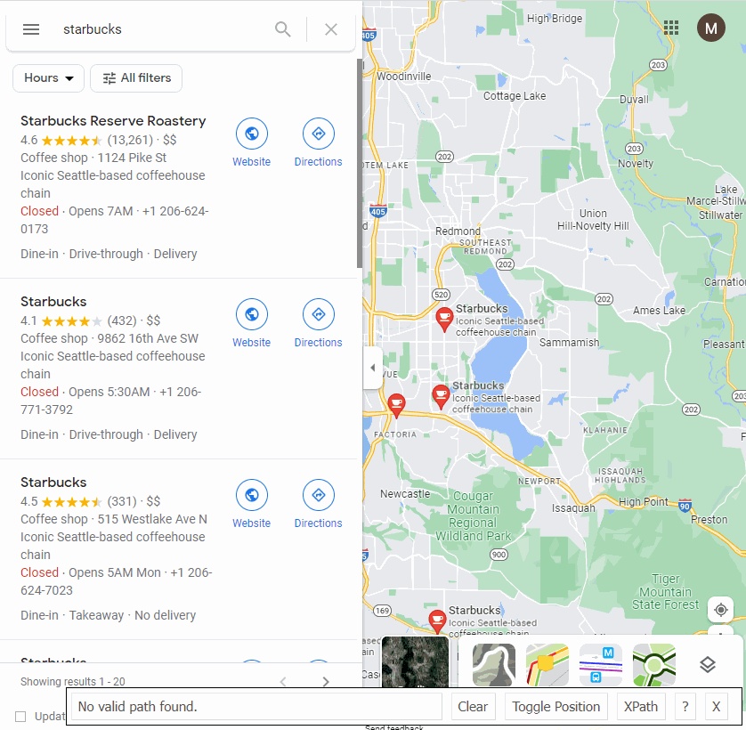 Scrolling business listings on a map